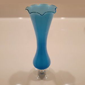 Vintage Turquoise Blue Cased Glass Ruffled Edge Bud Vase
